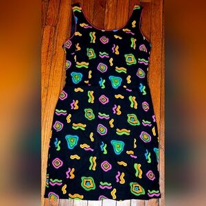 Vintage Leslie Lucks Abstract Multicolor Zip Black Sleeveless Tank Dress B5